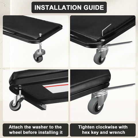 Six 2-inch heavy-duty swivel caster wheels with M8x20mm stems; installation guide showing screws, washers, and hex key