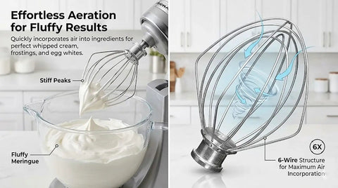 Six-Wire Whisk Attachment For Tilt-Head Mixers, Replacement For 4.5-Quart And 5-Quart Models, Aluminum Head With Stainless Steel Wires