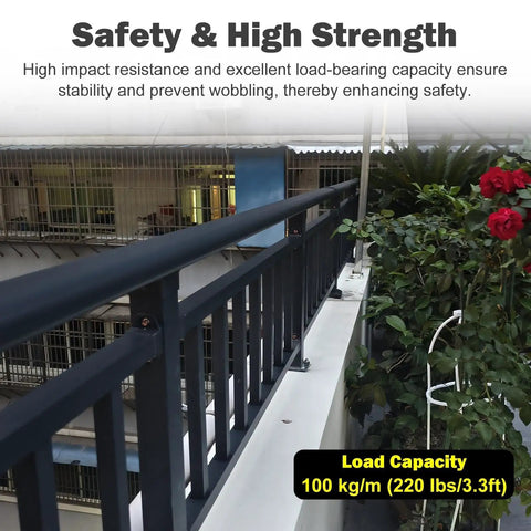 Level Up Your Outdoor Setup With These Rock Solid Railing Extenders Quick Bolt On Adds Major Height Locks In Privacy And Safety Tight Fit For Any Deck Or Patio Fence Today. Black powder-coated railing showing load capacity.
