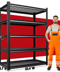 Set of 2 71 Inch Heavy Duty Garage Shelving Units, 5 Tier Adjustable Steel Shelves, 2500 Lbs Total Capacity with worker for scale