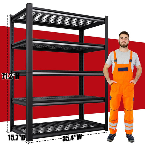 Set of 2 71 Inch Heavy Duty Garage Shelving Units, 5 Tier Adjustable Steel Shelves, 2500 Lbs Total Capacity with worker for scale