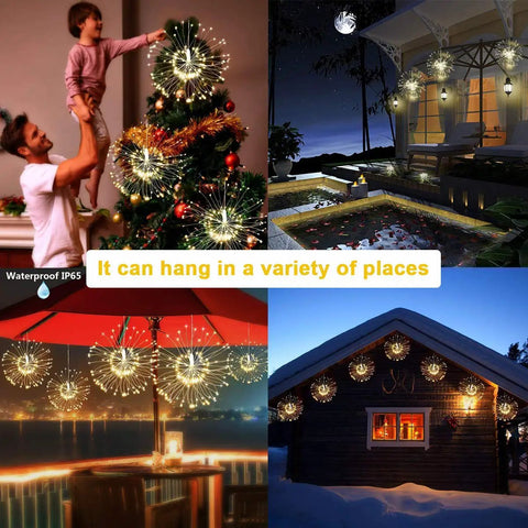 Lit 4 Pack Firework LED Copper Wire Star String Lights With Remote used for tree decoration, patio, gazebo, and house exteriors.