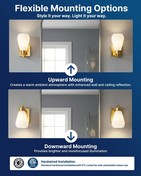 FLSNT Wall Sconces Set of 2, Hardwired E26 Wall Lighting, upward and downward mounting options on wall.
