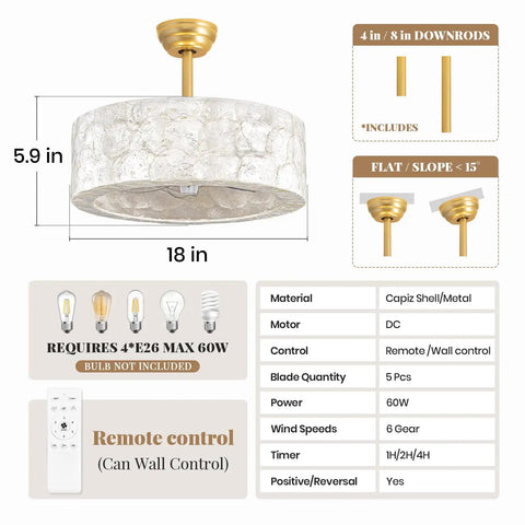 17.7Inch Shell Fandelier Ceiling Fan with Light,Boho Caged Chandelier Fan with Capiz shell shade and remote control features.