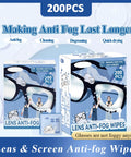 Lens anti-fog wipes, 200 pcs, blue boxed packaging; moistened wipes for glasses and screens.