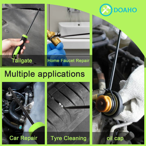 Image of a 12 Piece Automotive Hook And Pick Tool Set With Long And Mini Picks For Precision Oil Seal Gasket And O Ring Removal In Tight Engine Spaces Pro Grade Auto Repair Essentials used in various applications like tailgate, home faucet repair, car repair, tyre cleaning, and oil cap work.