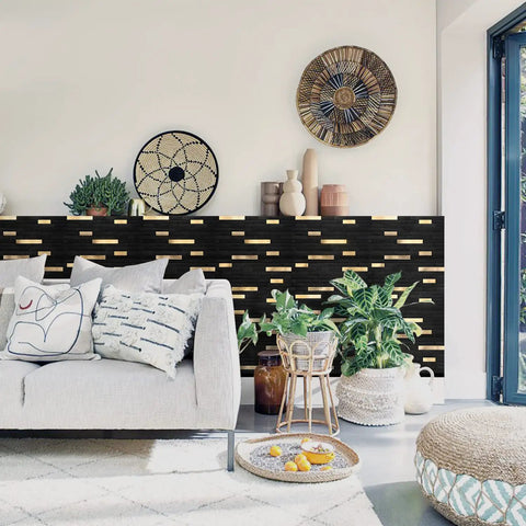Peel And Stick Backsplash Wood And Metal Mosaic Tiles For Kitchen Self Adhesive No Grout No Mess DIY Friendly shown in living room