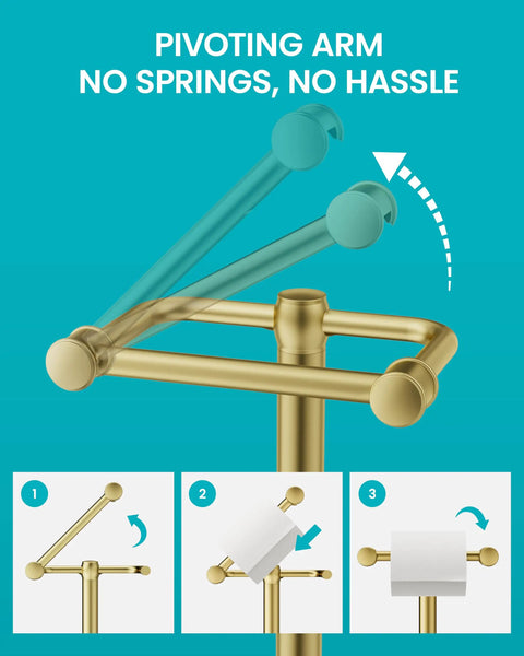 Heavy Duty Freestanding Toilet Paper Holder Stand In Matte Gold Frame with pivoting arm for easy roll swaps.