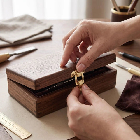 Person installing a latch on a wooden jewelry box using Bulk 100 Set Iron Toggle Hasp Latches With Screws For Jewelry Boxes Wood Cabinets And Storage Projects Yellow Heavy Duty Hardware Upgrade.