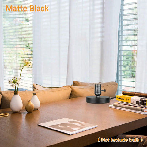 Vintage Metal Table Lamp Base Only Without Shade With Edison Style Exposed Bulb Support E26 E27 Short Desk Lamp For Small Spaces 5.75 Foot Cord On Off Switch Matte Black displayed on wooden table in cozy living space with natural light and vases nearby.