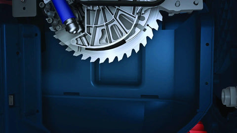 Dual Activation Cartridge Unit With Two Single Shot Cylinders For Two Activations No Brainer Reset In Under Sixty Seconds After Blade Drop Wide Range Of Blade Compatibility With Most Standard 10 Inch Fine Finish Saws close-up view of blade mechanism