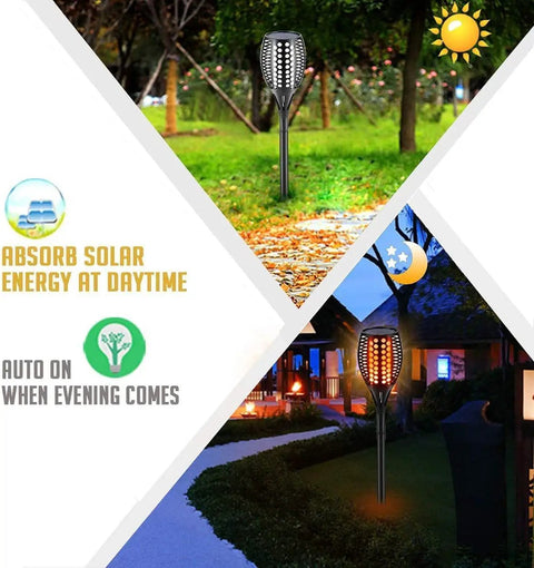 Upgraded 43 Inch Solar Torch Lights With 96 LED Dancing Flames, Waterproof Outdoor Landscape Pathway Garden Lights day-night view