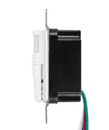 Side view of Occupancy Vacancy Motion Sensor PIR Wall Switch With Three Way Or Single Pole Configuration, Wall Plate Included, Ideal For Commercial Or Residential Use, 120 To 277V, Auto On Off And Manual On Auto Off Modes