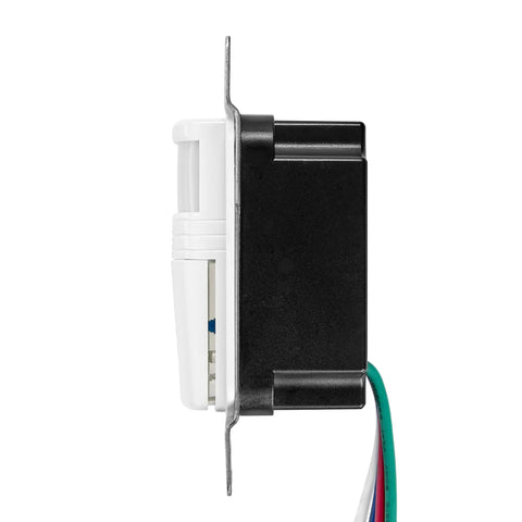 Side view of Occupancy Vacancy Motion Sensor PIR Wall Switch With Three Way Or Single Pole Configuration, Wall Plate Included, Ideal For Commercial Or Residential Use, 120 To 277V, Auto On Off And Manual On Auto Off Modes