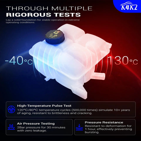 Front Engine Coolant Reservoir And Radiator Expansion Tank With Surge Cap Replaces 603382 For Ford Vehicles showing testing durability against extreme temperatures.