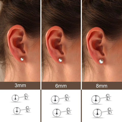 Three Piece Set Of 925 Sterling Silver Ball Post Stud Earrings In 3mm 6mm And 8mm Sizes A Classic Minimalist Gift For Teens And Ladies Who Love Everyday Shine. 3mm, 6mm, 8mm on ear