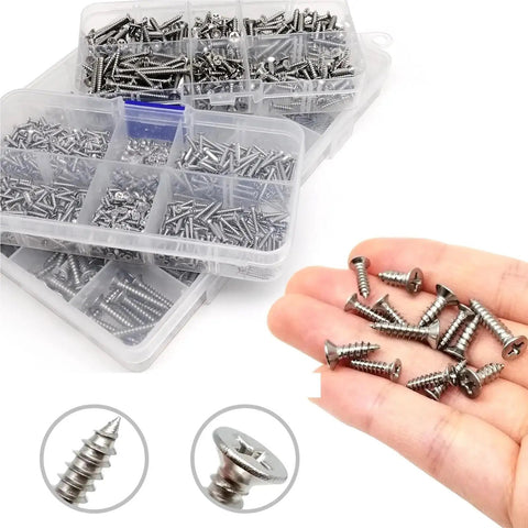 Micro Phillips Flat Countersunk Head Self Tapping Wood Screws Set C 1010 Pieces DIY Friendly in hand and storage box
