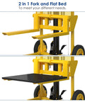 Yellow 2-in-1 hydraulic material lift by Amazon with fork tines and flatbed platform.