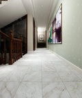 Peel And Stick Marble Look Vinyl Floor Tiles 12x12 Inch 32-Pack in hallway, tile detail