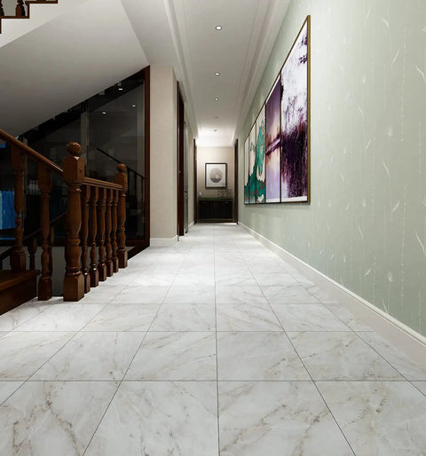 Peel And Stick Marble Look Vinyl Floor Tiles 12x12 Inch 32-Pack in hallway, tile detail