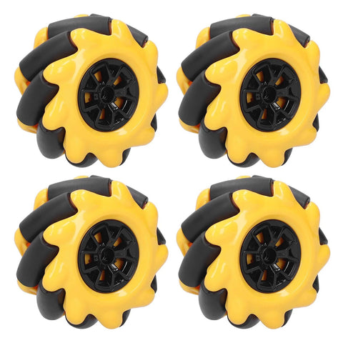 Front-view set of four yellow and black 60mm mecanum wheels for omnidirectional robot cars