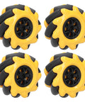 Set of four 60mm yellow mecanum wheels with black rollers for building-block robot cars and TT motors