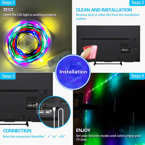 Installation guide for TV Backlight LED Strip Kit For 32 To 75 Inch TVs, 16.4 Foot RGB Ambient Light with app control and Bluetooth music sync.