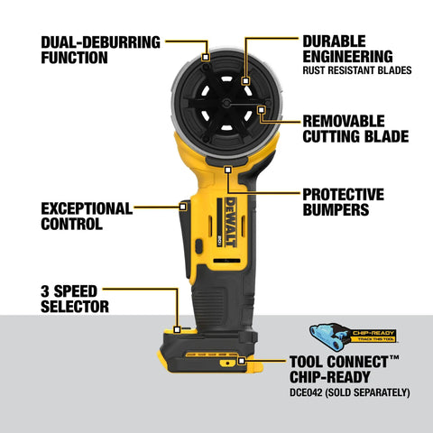 Cordless 20V Pipe Prep Tool For Deburring Beveling And Pipe Prep On PVC Copper And Steel Pipes Tool with features labeled