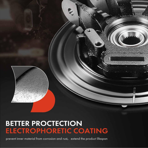 Close-up of rear left steering knuckle and wheel bearing hub assembly showing electrophoretic coating for corrosion protection.