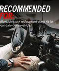 Brake pads kit shown inside car with steering wheel and center console.