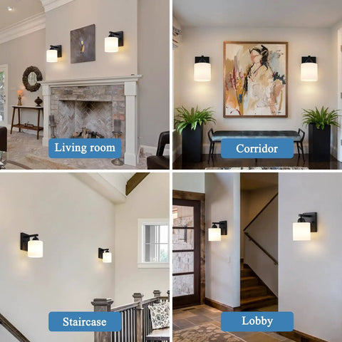 Chill Out Matte Black Milk Glass Wall Sconces bringing soft warm light to your space in living room and corridor settings.