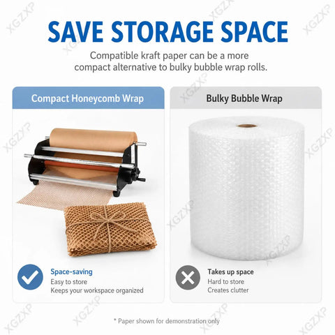 Manual Honeycomb Paper Dispenser Featuring A Smooth Crank Handle For Hassle Free Kraft Cushion Wrap And Compact Tabletop Packing Station To Keep Fragile Goods Totally Secure with comparison to bulky bubble wrap.