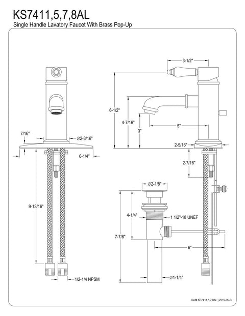 Diagram of Paris Single-Handle Bathroom Faucet In Brushed Brass, Deck-Mount, 1 Or 3 Hole Installation, Solid Brass Build specifications.
