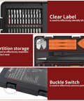58 In 1 Magnetic Precision Screwdriver Set with case showing bits, accessories, partition storage, and buckle switch features.
