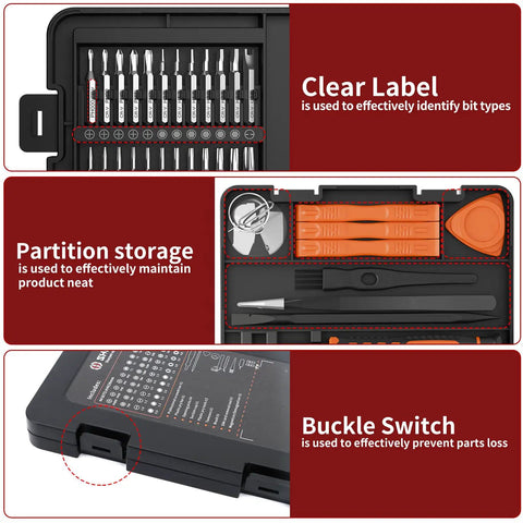 58 In 1 Magnetic Precision Screwdriver Set with case showing bits, accessories, partition storage, and buckle switch features.