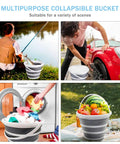 Four scenes showing Two Pack Collapsible Buckets 2.6 Gallon Capacity used for fishing, car washing, laundry, and carrying fruit outdoors.