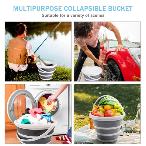 Four scenes showing Two Pack Collapsible Buckets 2.6 Gallon Capacity used for fishing, car washing, laundry, and carrying fruit outdoors.