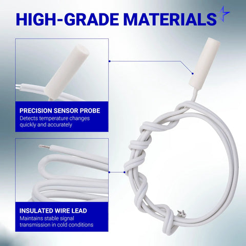 Refrigerator Temperature Sensor Replacement For GE And Hotpoint Models Easy Install Fits WR55X10025 Replaces 914093 AP3185407 PS304103 WR50X10027 Lifetime Protection Keeps Your Fridge Chillin And Running Smooth white probe sensor with insulated wire lead