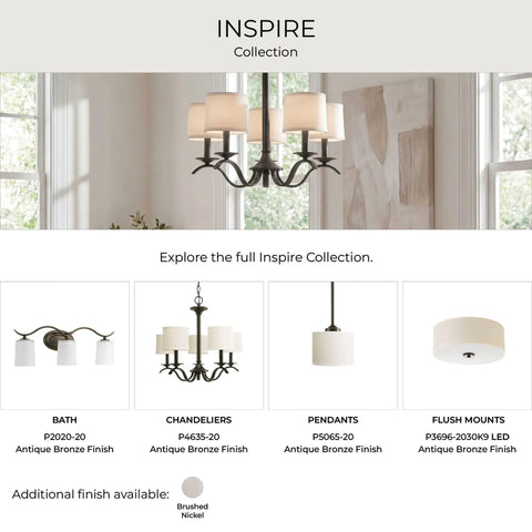 Inspire Collection lighting options including chandeliers, pendants, and flush mounts with antique bronze finish.