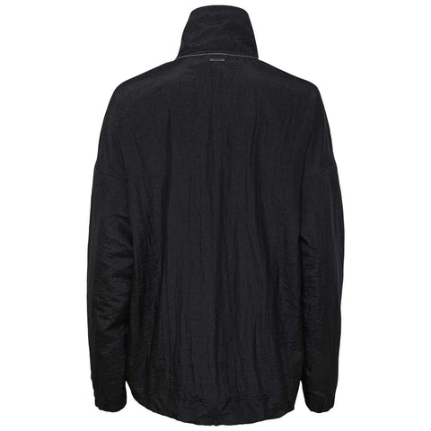 Back view of Women Color Block Pullover Jacket Black White Dope Throwback Vibe Crinkle Nylon With Mesh Lining half zip closure