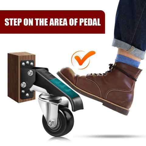 Foot pressing the pedal of Heavy Duty Retractable Caster Wheels For Workbenches 700 Lb Capacity 4 Pack