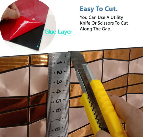 Pink Type 3D Peel And Stick Backsplash Tiles For Kitchen And Bathroom shown with cutter and ruler for easy DIY cut.
