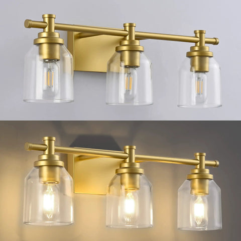 Gold Three Light Bathroom Vanity Light Fixture Over Mirror Vintage Style Wall Light With Easy Fifteen Minute Install Retro Farmhouse Vibe Gold Finish Compatible With LED Incandescent CFL And Halogen Durable Back Plate