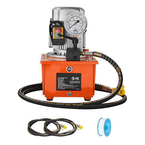 Heavy Duty Electric Hydraulic Pump Setup With Extended Remote Hose And Simple Lever Switch High Pressure For Industrial Press And Jack Jobs Workhorse Reliability All Day Long