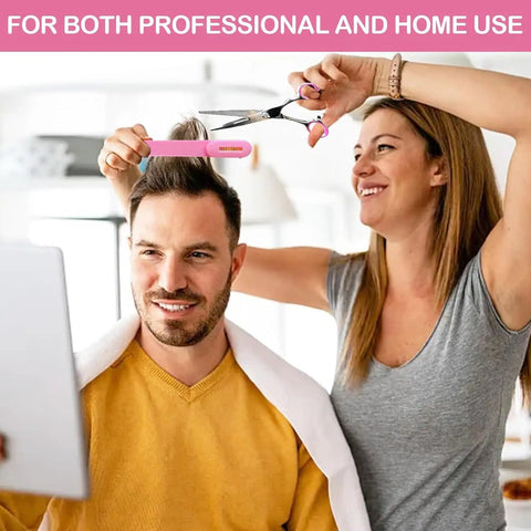 Woman using Pink Cordless Hair Trimmer Kit For Women To Snip Split Ends And Trim Bangs Or Bobs At Home with a man.
