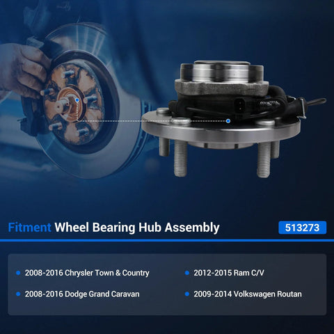 Front Wheel Hub And Bearing Assembly Direct Fit For 2008-2016 Dodge Grand Caravan, 2008-2016 Chrysler Town And Country, shown with specifications.