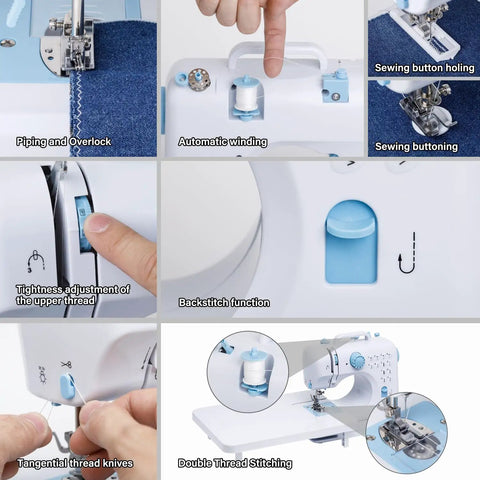 Beginner Sewing Machine Kit with extension table, automatic winding, thread tension adjustment, and double thread stitching.