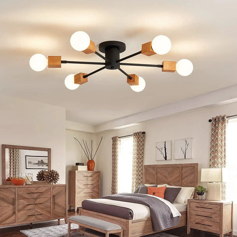 Rustic Wood Sputnik Ceiling Light Fixture With 6 Lights Semi Flush Mount Oak And Black Finish E26 Farmhouse Chandelier in bedroom
