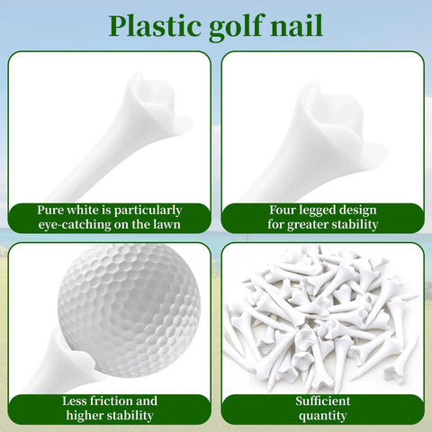 Close-up of 50 pack plastic golf tees 1.5 inch short tees for irons, par threes, hybrids, driving range use, durable low friction design