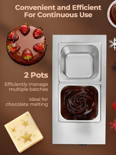 Top view of Pro Grade Two Tank Chocolate Tempering System 9 Lb Capacity Commercial Warmer And Melter with chocolate and strawberries.